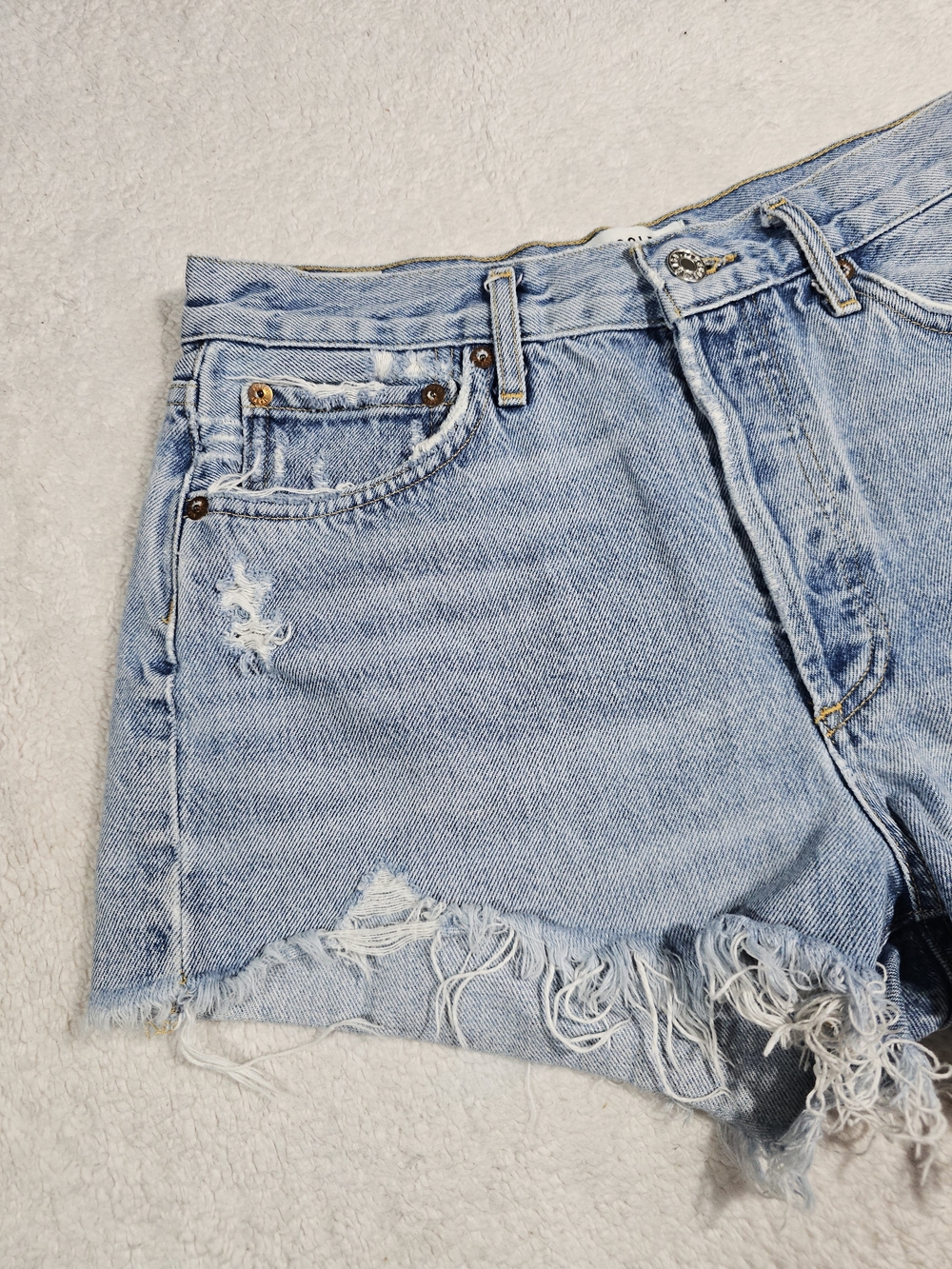 Agolde Light Blue Distressed High-Rise Denim Shorts. - Picture 3 of 9